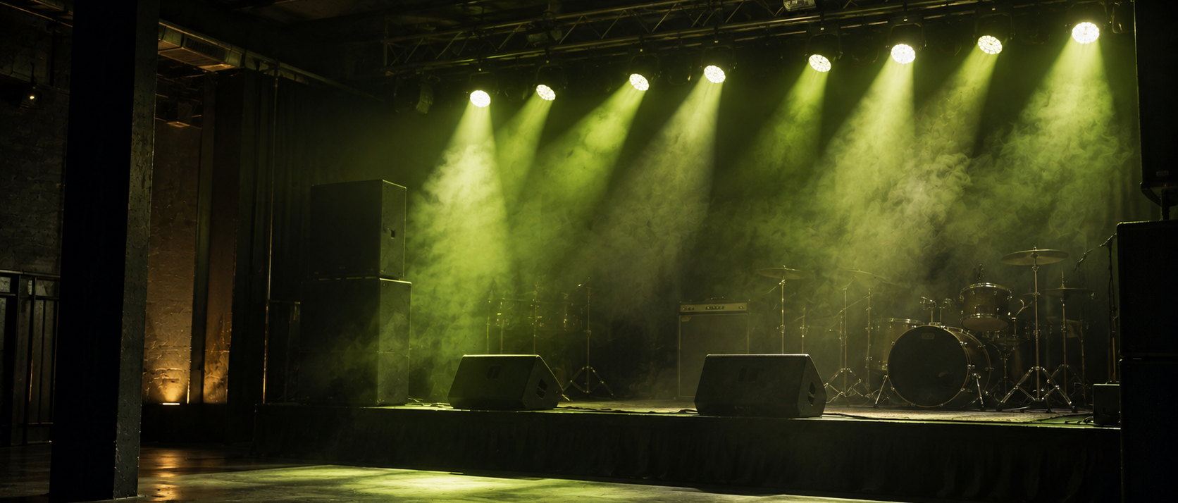 Photograph of an empty music venue before opening: a row of par-cans on an overhead truss throwing green beams down through haze onto a bare stage and floor.