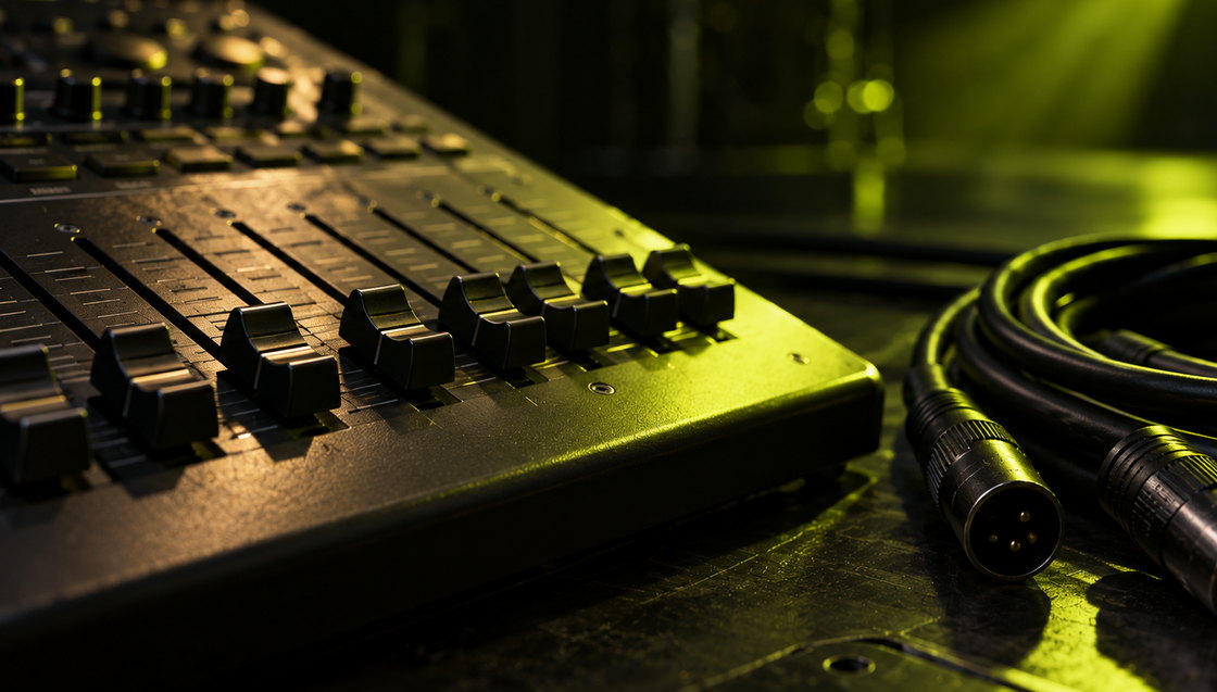 Photograph of a lighting desk in close detail: a bank of faders set at different heights, with a coiled cable lying beside it under a single green lamp.